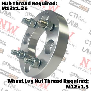 Show details for 2-Piece Set | 1” Thick | 4x100mm to 4x100mm | Wheel Spacer Adapter | 71mm Center Bore | 12x1.5 Studs | 12x1.25 Open Lug Nuts Provided Picture of 2-Piece Set | 1” Thick | 4x100mm to 4x100mm | Wheel Spacer Adapter | 71mm Center Bore | 12x1.5 Studs | 12x1.25 Open Lug Nuts Provided