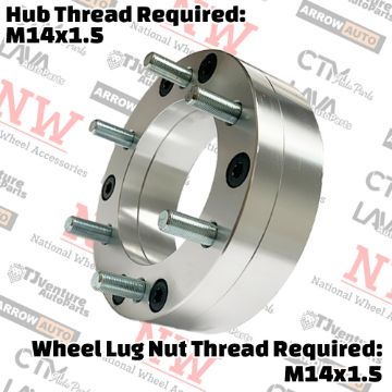 Show details for 4-Piece Set | 2” Thick | 5x135mm to 6x5.5” (6x139.7mm) | Conversional Wheel Spacer Adapter | 108mm Center Bore | 14x1.5 Studs Picture of 4-Piece Set | 2” Thick | 5x135mm to 6x5.5” (6x139.7mm) | Conversional Wheel Spacer Adapter | 108mm Center Bore | 14x1.5 Studs