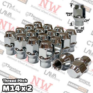 Show details for 32-Piece Set | Chrome | 14x1.2 Thread | Extended Thread (ET) Style | Bulge Acorn | Wheel Lug Nuts Picture of 32-Piece Set | Chrome | 14x1.2 Thread | Extended Thread (ET) Style | Bulge Acorn | Wheel Lug Nuts