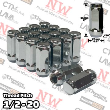 Show details for 24-Piece Set | 2” Tall | Chrome | 1/2-20 Thread | 3/4” Hex Drive | Bulge Acorn | Wheel Lug Nuts Picture of 24-Piece Set | 2” Tall | Chrome | 1/2-20 Thread | 3/4” Hex Drive | Bulge Acorn | Wheel Lug Nuts