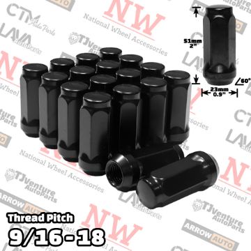 Show details for 32-Piece Set | 2” Tall | Black | 9/16-18 Thread | 3/4” Hex Drive | Bulge Acorn | Wheel Lug Nuts Picture of 32-Piece Set | 2” Tall | Black | 9/16-18 Thread | 3/4” Hex Drive | Bulge Acorn | Wheel Lug Nuts