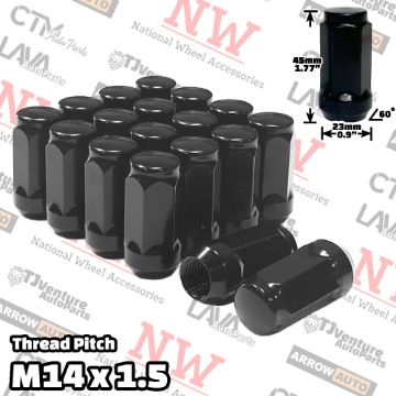 Show details for 32-Piece Set | 1.78” Tall | Black | 14x1.5 Thread | 3/4” Hex Drive | Bulge Acorn | Wheel Lug Nuts Picture of 32-Piece Set | 1.78” Tall | Black | 14x1.5 Thread | 3/4” Hex Drive | Bulge Acorn | Wheel Lug Nuts