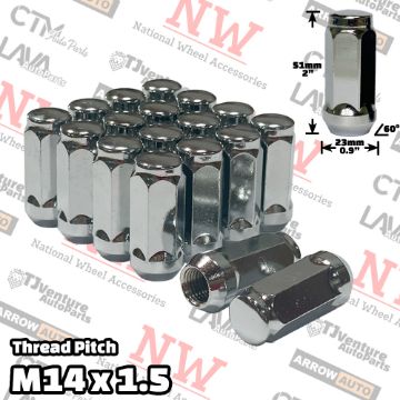 Show details for 24-Piece Set | 2” Tall | Chrome | 14x1.5 Thread | 3/4” Hex Drive | Bulge Acorn | Wheel Lug Nuts Picture of 24-Piece Set | 2” Tall | Chrome | 14x1.5 Thread | 3/4” Hex Drive | Bulge Acorn | Wheel Lug Nuts
