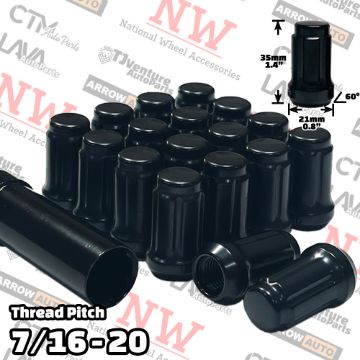 Show details for 24-Piece Set | 1.4” Tall | Black | 7/16-20  Thread | 6 Spline | Tuner Locker | Performance Wheel Lug Nuts | Plus Security Socket Picture of 24-Piece Set | 1.4” Tall | Black | 7/16-20  Thread | 6 Spline | Tuner Locker | Performance Wheel Lug Nuts | Plus Security Socket
