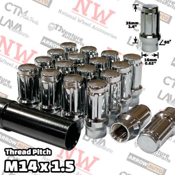 Show details for 24-Piece Set | Chrome | 14x1.5 Thread | 6 Spline Tuner Locker | Extended Thread (ET) Style | Wheel Lug Nuts | Plus Security Socket Picture of 24-Piece Set | Chrome | 14x1.5 Thread | 6 Spline Tuner Locker | Extended Thread (ET) Style | Wheel Lug Nuts | Plus Security Socket