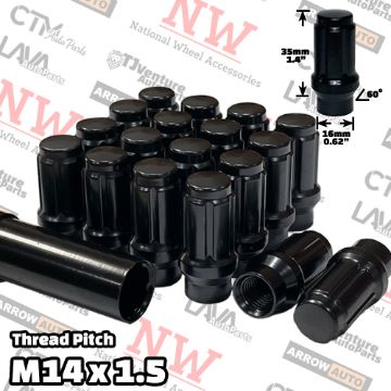 Show details for 32-Piece Set | Black | 14x1.5 Thread | 6 Spline Tuner Locker | Extended Thread (ET) Style | Wheel Lug Nuts | Plus Security Socket Picture of 32-Piece Set | Black | 14x1.5 Thread | 6 Spline Tuner Locker | Extended Thread (ET) Style | Wheel Lug Nuts | Plus Security Socket