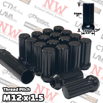 Picture of 24-Piece Set | 2” Tall | Black | 12x1.5 Thread | 7 Spline | Tuner Locker | Performance Wheel Lug Nuts | Plus Security Socket