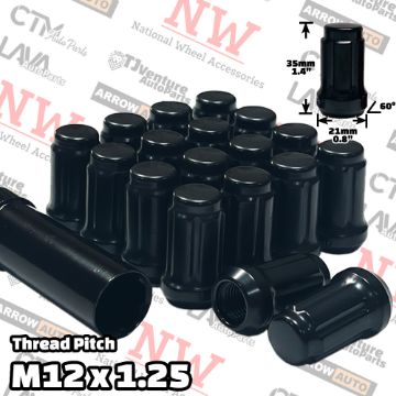 Show details for 24-Piece Set | 1.4” Tall | Black | 12x1.25 Thread | 6 Spline | Tuner Locker | Performance Wheel Lug Nuts | Plus Security Socket Picture of 24-Piece Set | 1.4” Tall | Black | 12x1.25 Thread | 6 Spline | Tuner Locker | Performance Wheel Lug Nuts | Plus Security Socket