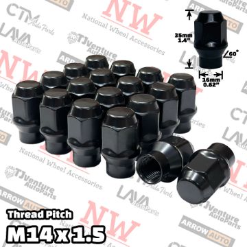 Show details for Wholesales | 200-Piece Box | Black | 14x1.5 Thread | Extended Thread (ET) Style | Bulge Acorn | Wheel Lug Nuts Picture of Wholesales | 200-Piece Box | Black | 14x1.5 Thread | Extended Thread (ET) Style | Bulge Acorn | Wheel Lug Nuts