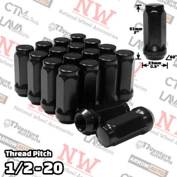 Show details for Wholesales | 50-Piece Box | 2” Tall | Black | 1/2-20 Thread | 3/4” Hex Drive | Bulge Acorn | Wheel Lug Nuts Picture of Wholesales | 50-Piece Box | 2” Tall | Black | 1/2-20 Thread | 3/4” Hex Drive | Bulge Acorn | Wheel Lug Nuts