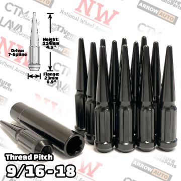Show details for 20-Piece Set | 4.5” Tall | Black | 9/16-18 Thread | 7 Spline Tuner Drive | Performance Spike Lug Nuts | Plus Security Socket Picture of 20-Piece Set | 4.5” Tall | Black | 9/16-18 Thread | 7 Spline Tuner Drive | Performance Spike Lug Nuts | Plus Security Socket