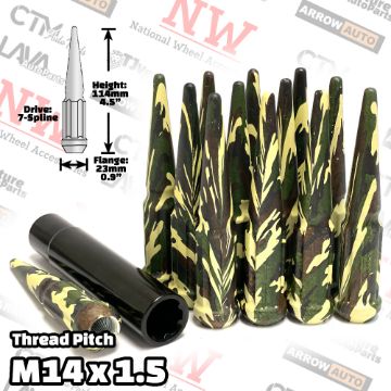 Show details for 20-Piece Set | 4.5” Tall | Tactical Camouflage | 14x1.5 Thread | 7 Spline Tuner Drive | Performance Spike Lug Nuts | Plus Security Socket Picture of 20-Piece Set | 4.5” Tall | Tactical Camouflage | 14x1.5 Thread | 7 Spline Tuner Drive | Performance Spike Lug Nuts | Plus Security Socket