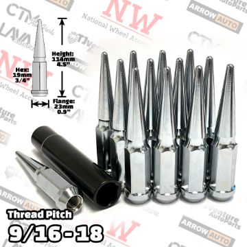 Show details for 20-Piece Set | 4.5” Tall | Chrome | 9/16-18 Thread | 3/4” Hex Drive Drive | Spike Lug Nuts | Plus Security Socket Picture of 20-Piece Set | 4.5” Tall | Chrome | 9/16-18 Thread | 3/4” Hex Drive Drive | Spike Lug Nuts | Plus Security Socket