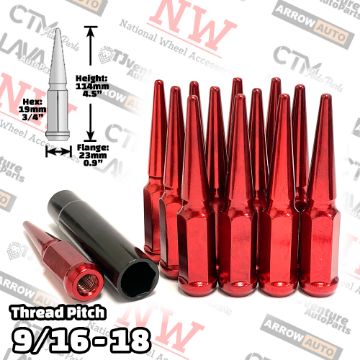 Show details for 20-Piece Set | 4.5” Tall | Red | 9/16-18 Thread | 3/4” Hex Drive Drive | Spike Lug Nuts | Plus Security Socket Picture of 20-Piece Set | 4.5” Tall | Red | 9/16-18 Thread | 3/4” Hex Drive Drive | Spike Lug Nuts | Plus Security Socket