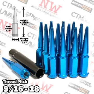 Show details for 20-Piece Set | 4.5” Tall | Blue | 9/16-18 Thread | 3/4” Hex Drive Drive | Spike Lug Nuts | Plus Security Socket Picture of 20-Piece Set | 4.5” Tall | Blue | 9/16-18 Thread | 3/4” Hex Drive Drive | Spike Lug Nuts | Plus Security Socket