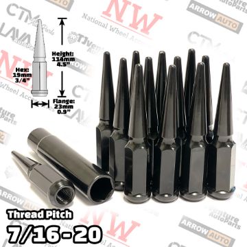 Show details for 20-Piece Set | 4.5” Tall | Black | 7/16-20 Thread | 3/4” Hex Drive Drive | Spike Lug Nuts | Plus Security Socket Picture of 20-Piece Set | 4.5” Tall | Black | 7/16-20 Thread | 3/4” Hex Drive Drive | Spike Lug Nuts | Plus Security Socket
