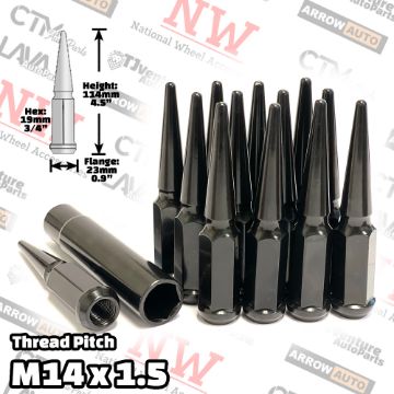 Show details for 20-Piece Set | 4.5” Tall | Black | 14x1.5 Thread | 3/4” Hex Drive Drive | Spike Lug Nuts | Plus Security Socket Picture of 20-Piece Set | 4.5” Tall | Black | 14x1.5 Thread | 3/4” Hex Drive Drive | Spike Lug Nuts | Plus Security Socket