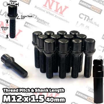 Show details for 10-Piece Set | Black | 12x1.5 Thread | 40mm Extended Shank | 6 Spline Tuner Locker | Performance Wheel Lug Bolts | For 10-15mm Spacers | Plus Security Socket Picture of 10-Piece Set | Black | 12x1.5 Thread | 40mm Extended Shank | 6 Spline Tuner Locker | Performance Wheel Lug Bolts | For 10-15mm Spacers | Plus Security Socket