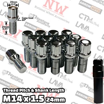 Show details for 10-Piece Set | Chrome | 14x1.5 Thread | 24mm Shank | 6 Spline Tuner Locker | Performance Wheel Lug Bolts | Plus Security Socket Picture of 10-Piece Set | Chrome | 14x1.5 Thread | 24mm Shank | 6 Spline Tuner Locker | Performance Wheel Lug Bolts | Plus Security Socket