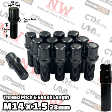 Show details for 10-Piece Set | Black | 14x1.5 Thread | 28mm Shank | 6 Spline Tuner Locker | Performance Wheel Lug Bolts | Plus Security Socket Picture of 10-Piece Set | Black | 14x1.5 Thread | 28mm Shank | 6 Spline Tuner Locker | Performance Wheel Lug Bolts | Plus Security Socket