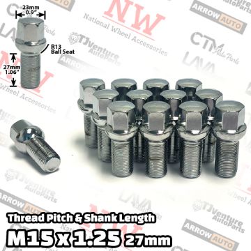 Show details for 10-Piece Set | Chrome | 15x1.25 Thread | 27mm Shank | R13 Ball Seat | Wheel Lug Bolts | Fit Mercedes Stock Wheels Picture of 10-Piece Set | Chrome | 15x1.25 Thread | 27mm Shank | R13 Ball Seat | Wheel Lug Bolts | Fit Mercedes Stock Wheels