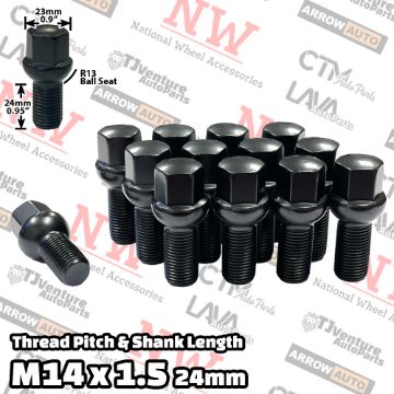 Show details for 10-Piece Set | Black | 14x1.5 Thread | 24mm Shank | R13 Ball Seat | Wheel Lug Bolts | Fit Mercedes Audi Volkswagen Porsche Bentley Stock Wheels Picture of 10-Piece Set | Black | 14x1.5 Thread | 24mm Shank | R13 Ball Seat | Wheel Lug Bolts | Fit Mercedes Audi Volkswagen Porsche Bentley Stock Wheels