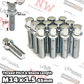 Show details for 10-Piece Set | Chrome | 14x1.5 Thread | 45mm Shank | R13 Ball Seat | Wheel Lug Bolts | Fit Mercedes Stock Wheels Picture of 10-Piece Set | Chrome | 14x1.5 Thread | 45mm Shank | R13 Ball Seat | Wheel Lug Bolts | Fit Mercedes Stock Wheels