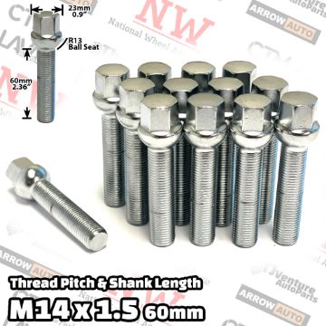 Show details for 10-Piece Set | Chrome | 14x1.5 Thread | 60 mm Extended Shank | R13 Ball Seat | Wheel Lug Bolts | Fit Mercedes Audi Volkswagen Porsche Bentley Stock Wheels with 30-35mm Spacers Picture of 10-Piece Set | Chrome | 14x1.5 Thread | 60 mm Extended Shank | R13 Ball Seat | Wheel Lug Bolts | Fit Mercedes Audi Volkswagen Porsche Bentley Stock Wheels with 30-35mm Spacers