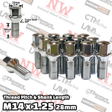 Show details for 10-Piece Set | Chrome | 14x1.25 Thread | 28mm Shank | Cone Seat | Wheel Lug Bolts | Fit BMW Mini Toyota Supra Picture of 10-Piece Set | Chrome | 14x1.25 Thread | 28mm Shank | Cone Seat | Wheel Lug Bolts | Fit BMW Mini Toyota Supra