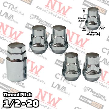 Show details for 1 Set | 1.25” Tall | Chrome | 1/2-20 Thread | Bulge Acorn | 5-Point Anti-Theft Wheel Lock Lug Nuts | Plus Security Key Picture of 1 Set | 1.25” Tall | Chrome | 1/2-20 Thread | Bulge Acorn | 5-Point Anti-Theft Wheel Lock Lug Nuts | Plus Security Key