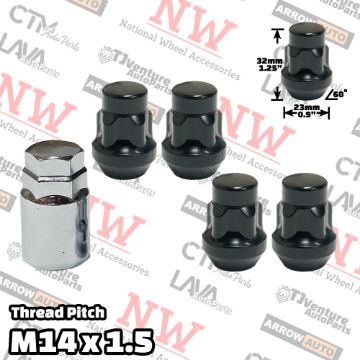 Show details for 1 Set | 1.25” Tall | Black | 14x1.5 Thread | Bulge Acorn | 5-Point Anti-Theft Wheel Lock Lug Nuts | Plus Security Key Picture of 1 Set | 1.25” Tall | Black | 14x1.5 Thread | Bulge Acorn | 5-Point Anti-Theft Wheel Lock Lug Nuts | Plus Security Key
