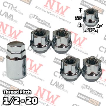 Show details for 1 Set | Chrome | 1/2-20 Thread | Open End Bulge Acorn | 5-Point Anti-Theft Wheel Lock Lug Nuts | Plus Security Key Picture of 1 Set | Chrome | 1/2-20 Thread | Open End Bulge Acorn | 5-Point Anti-Theft Wheel Lock Lug Nuts | Plus Security Key