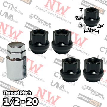 Show details for 1 Set | Black | 1/2-20 Thread | Open End Bulge Acorn | 5-Point Anti-Theft Wheel Lock Lug Nuts | Plus Security Key Picture of 1 Set | Black | 1/2-20 Thread | Open End Bulge Acorn | 5-Point Anti-Theft Wheel Lock Lug Nuts | Plus Security Key