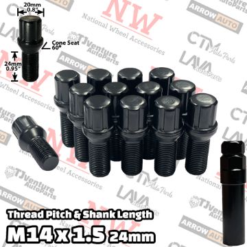 Show details for 20-Piece Set | Black | 14x1.5 Thread | 24mm Shank | 6 Spline Tuner Locker | Performance Wheel Lug Bolts | Plus Security Socket Picture of 20-Piece Set | Black | 14x1.5 Thread | 24mm Shank | 6 Spline Tuner Locker | Performance Wheel Lug Bolts | Plus Security Socket