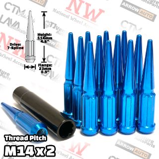 Picture of 28-Piece Set | 4.5” Tall | Blue | 14x2 Thread | 7 Spline Tuner Drive | Performance Spike Lug Nuts | Plus Security Socket