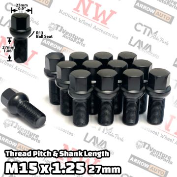 Show details for 20-Piece Set | Black | 15x1.25 Thread | 27mm Shank | R13 Ball Seat | Wheel Lug Bolts | Fit Mercedes Stock Wheels Picture of 20-Piece Set | Black | 15x1.25 Thread | 27mm Shank | R13 Ball Seat | Wheel Lug Bolts | Fit Mercedes Stock Wheels