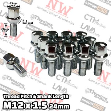 Show details for 10-Piece Set | Chrome | 12x1.5 Thread | 24mm Shank | R13 Ball Seat | Wheel Lug Bolts | Fit Mercedes Audi Stock Wheels Picture of 10-Piece Set | Chrome | 12x1.5 Thread | 24mm Shank | R13 Ball Seat | Wheel Lug Bolts | Fit Mercedes Audi Stock Wheels