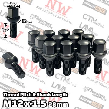 Show details for 20-Piece Set | Black | 12x1.5 Thread | 28mm Shank | R13 Ball Seat | Wheel Lug Bolts | Fit Mercedes Audi Stock Wheels Picture of 20-Piece Set | Black | 12x1.5 Thread | 28mm Shank | R13 Ball Seat | Wheel Lug Bolts | Fit Mercedes Audi Stock Wheels