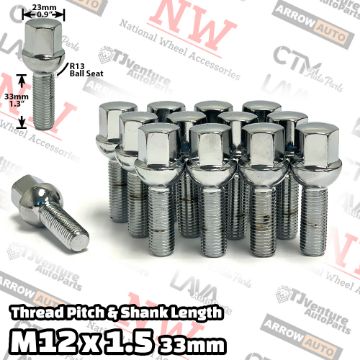 Show details for 20-Piece Set | Chrome | 12x1.5 Thread | 33mm Extended Shank | R13 Ball Seat | Wheel Lug Bolts | Fit Mercedes Audi Stock Wheels with 3-8mm Spacers Picture of 20-Piece Set | Chrome | 12x1.5 Thread | 33mm Extended Shank | R13 Ball Seat | Wheel Lug Bolts | Fit Mercedes Audi Stock Wheels with 3-8mm Spacers