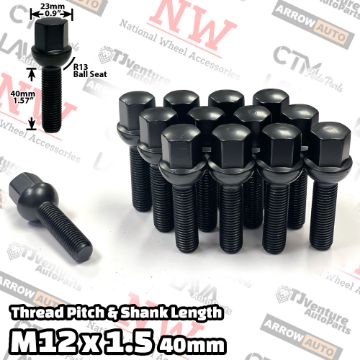 Show details for 20-Piece Set | Black | 12x1.5 Thread | 40mm Extended Shank | R13 Ball Seat | Wheel Lug Bolts | Fit Mercedes Audi Stock Wheels with 10-15mm Spacers Picture of 20-Piece Set | Black | 12x1.5 Thread | 40mm Extended Shank | R13 Ball Seat | Wheel Lug Bolts | Fit Mercedes Audi Stock Wheels with 10-15mm Spacers