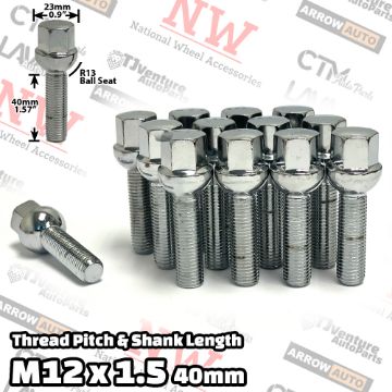 Show details for 20-Piece Set | Chrome | 12x1.5 Thread | 40mm Extended Shank | R13 Ball Seat | Wheel Lug Bolts | Fit Mercedes Audi Stock Wheels with 10-15mm Spacers Picture of 20-Piece Set | Chrome | 12x1.5 Thread | 40mm Extended Shank | R13 Ball Seat | Wheel Lug Bolts | Fit Mercedes Audi Stock Wheels with 10-15mm Spacers