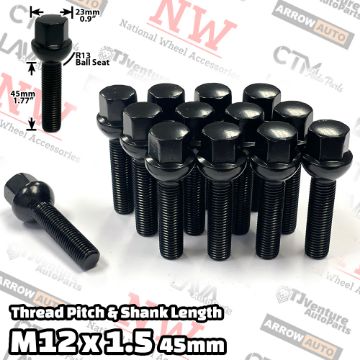 Show details for 20-Piece Set | Black | 12x1.5 Thread | 45mm Extended Shank | R13 Ball Seat | Wheel Lug Bolts | Fit Mercedes Audi Stock Wheels with 15-20mm Spacers Picture of 20-Piece Set | Black | 12x1.5 Thread | 45mm Extended Shank | R13 Ball Seat | Wheel Lug Bolts | Fit Mercedes Audi Stock Wheels with 15-20mm Spacers