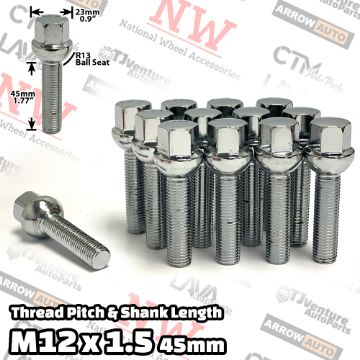 Show details for 10-Piece Set | Chrome | 12x1.5 Thread | 45mm Extended Shank | R13 Ball Seat | Wheel Lug Bolts | Fit Mercedes Audi Stock Wheels with 15-20mm Spacers Picture of 10-Piece Set | Chrome | 12x1.5 Thread | 45mm Extended Shank | R13 Ball Seat | Wheel Lug Bolts | Fit Mercedes Audi Stock Wheels with 15-20mm Spacers