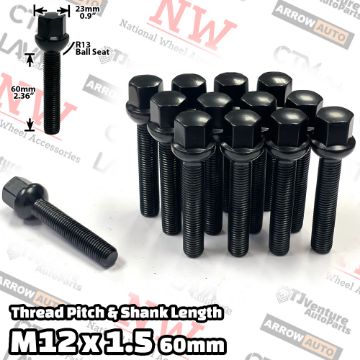 Show details for 10-Piece Set | Black | 12x1.5 Thread | 60mm Extended Shank | R13 Ball Seat | Wheel Lug Bolts | Fit Mercedes Stock Wheels with 20-25mm Spacers Picture of 10-Piece Set | Black | 12x1.5 Thread | 60mm Extended Shank | R13 Ball Seat | Wheel Lug Bolts | Fit Mercedes Stock Wheels with 20-25mm Spacers