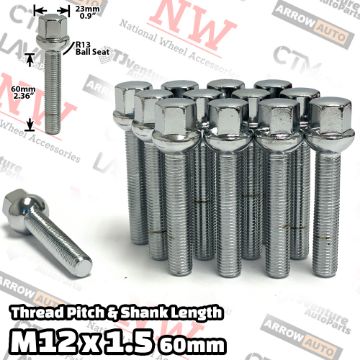 Show details for 20-Piece Set | Chrome | 12x1.5 Thread | 60mm Extended Shank | R13 Ball Seat | Wheel Lug Bolts | Fit Mercedes Stock Wheels with 20-25mm Spacers Picture of 20-Piece Set | Chrome | 12x1.5 Thread | 60mm Extended Shank | R13 Ball Seat | Wheel Lug Bolts | Fit Mercedes Stock Wheels with 20-25mm Spacers