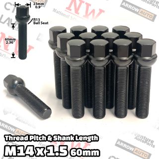 Picture of 20-Piece Set | Black | 14x1.5 Thread | 60 mm Extended Shank | R13 Ball Seat | Wheel Lug Bolts | Fit Mercedes Audi Volkswagen Porsche Bentley Stock Wheels with 30-35mm Spacers