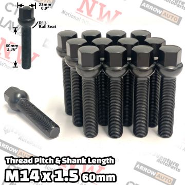 Show details for 20-Piece Set | Black | 14x1.5 Thread | 60 mm Extended Shank | R13 Ball Seat | Wheel Lug Bolts | Fit Mercedes Stock Wheels with 15-20mm Spacers Picture of 20-Piece Set | Black | 14x1.5 Thread | 60 mm Extended Shank | R13 Ball Seat | Wheel Lug Bolts | Fit Mercedes Stock Wheels with 15-20mm Spacers