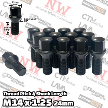 Show details for 20-Piece Set | Black | 14x1.25 Thread | 24mm Shank | Cone Seat | Wheel Lug Bolts | Fit BMW Mini Toyota Supra Picture of 20-Piece Set | Black | 14x1.25 Thread | 24mm Shank | Cone Seat | Wheel Lug Bolts | Fit BMW Mini Toyota Supra