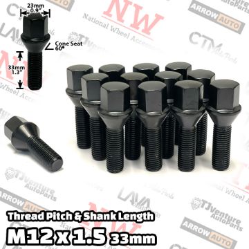 Show details for 20-Piece Set | Black | 12x1.5 Thread | 33mm Extended Shank | Cone Seat | Wheel Lug Bolts | Fit BMW & More with 3-8mm Spacers Picture of 20-Piece Set | Black | 12x1.5 Thread | 33mm Extended Shank | Cone Seat | Wheel Lug Bolts | Fit BMW & More with 3-8mm Spacers
