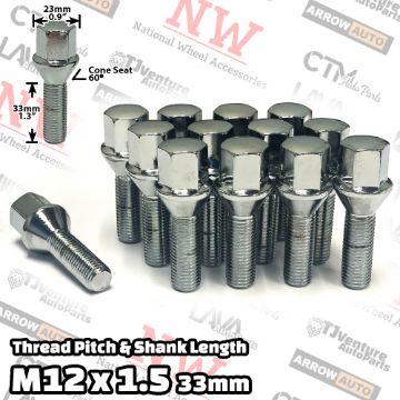 Show details for 20-Piece Set | Chrome | 12x1.5 Thread | 33mm Extended Shank | Cone Seat | Wheel Lug Bolts | Fit BMW & More with 3-8mm Spacers Picture of 20-Piece Set | Chrome | 12x1.5 Thread | 33mm Extended Shank | Cone Seat | Wheel Lug Bolts | Fit BMW & More with 3-8mm Spacers